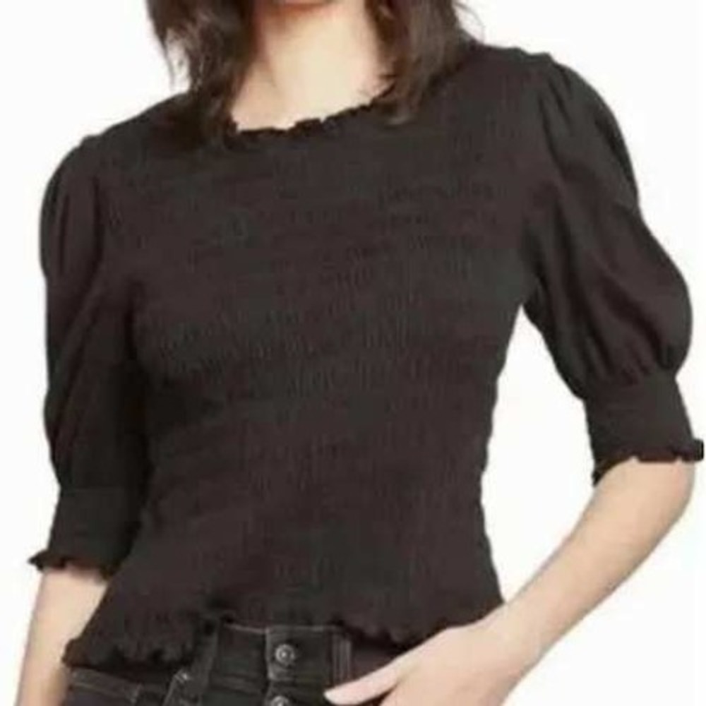 Veronica Beard Jeans Black Smocked Puff Sleeve Ruffle Neck Top XS